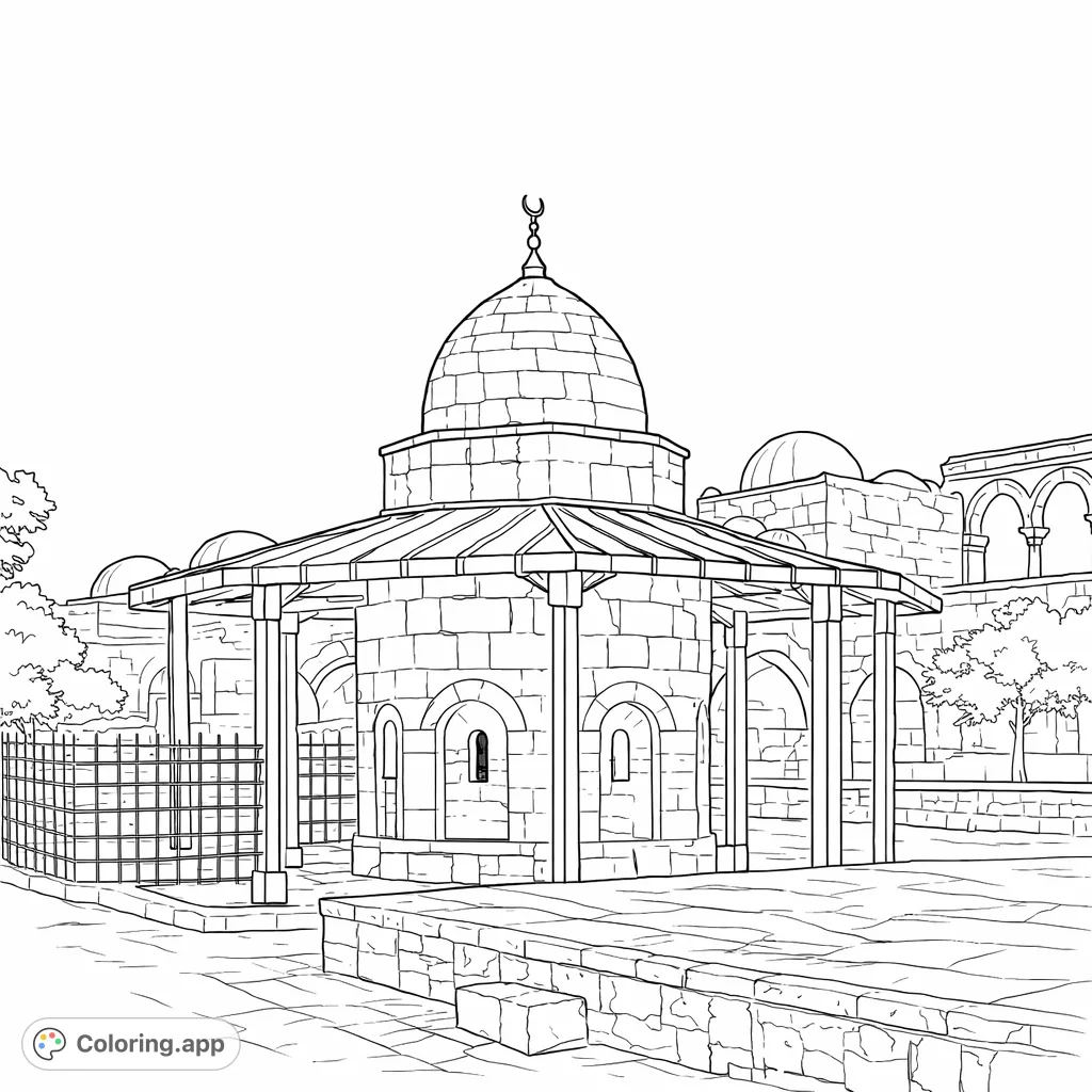 Explore a historic domed shrine with an arched portico and detailed stonework, set against a backdrop of ancient architecture. Perfect for history and architecture enthusiasts.