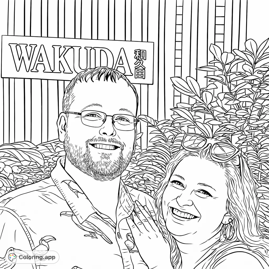 Capture joy with this charming couple's portrait. Featuring a man in a toucan-patterned shirt and a smiling woman, set against a detailed architectural background.