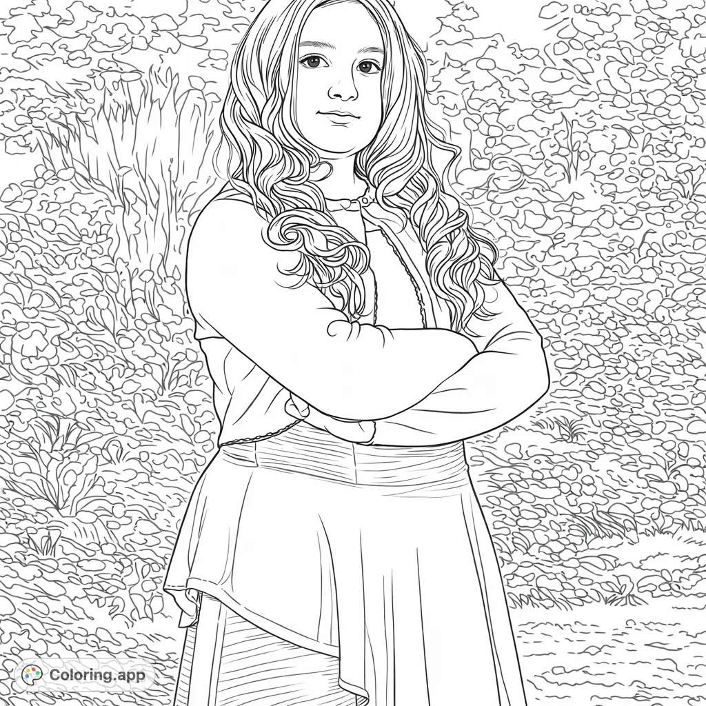 A confident young girl stands with arms crossed against a serene garden backdrop. This charming coloring page is perfect for capturing peaceful outdoor moments.