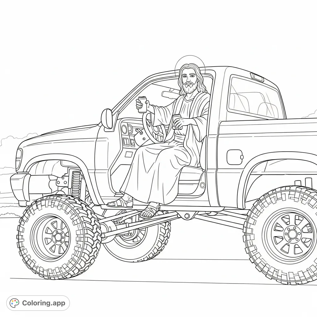 A unique coloring page featuring Jesus in a lifted pickup truck, enjoying a beverage against an open landscape. An unconventional, thought-provoking scene.