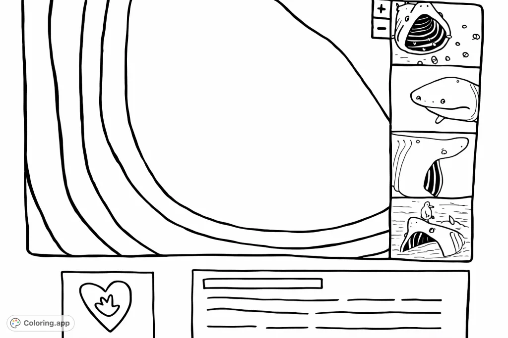 Explore a unique screen layout with abstract patterns and detailed marine life frames: a whale, shark, and a bird on a whale. Perfect for digital-themed ocean adventures.