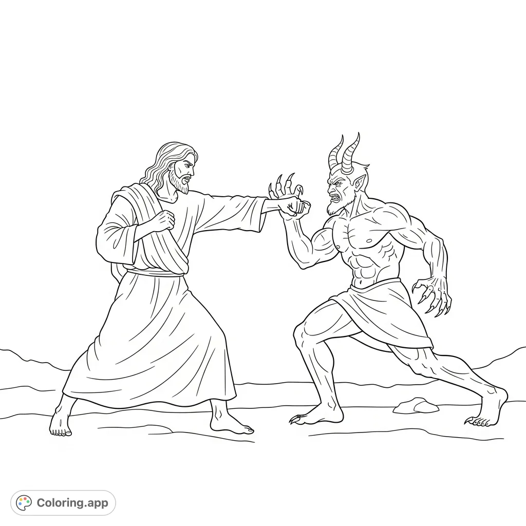 An intense depiction of Jesus in a dynamic fist fight with Satan, a powerful clash of forces set in a dramatic, stark confrontation.