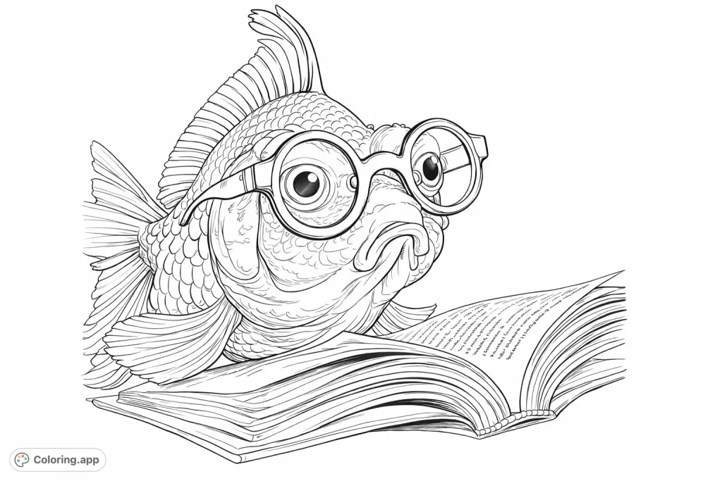 A clever goldfish in spectacles delves into a book, an enchanting scene perfect for a whimsical coloring adventure underwater.