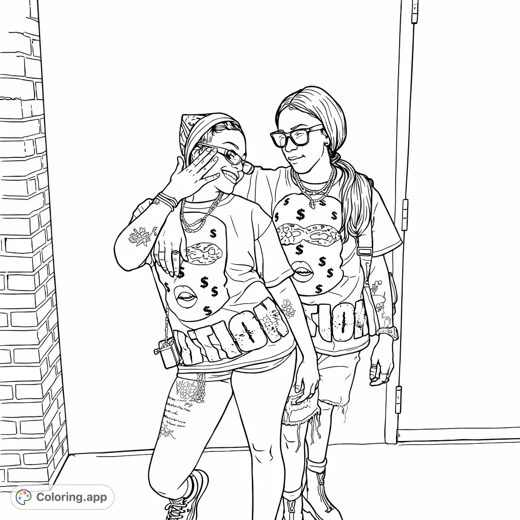 A stylish duo in matching graphic tees, sunglasses, and streetwear, striking a confident pose. Features intricate details and urban background for a cool coloring experience.