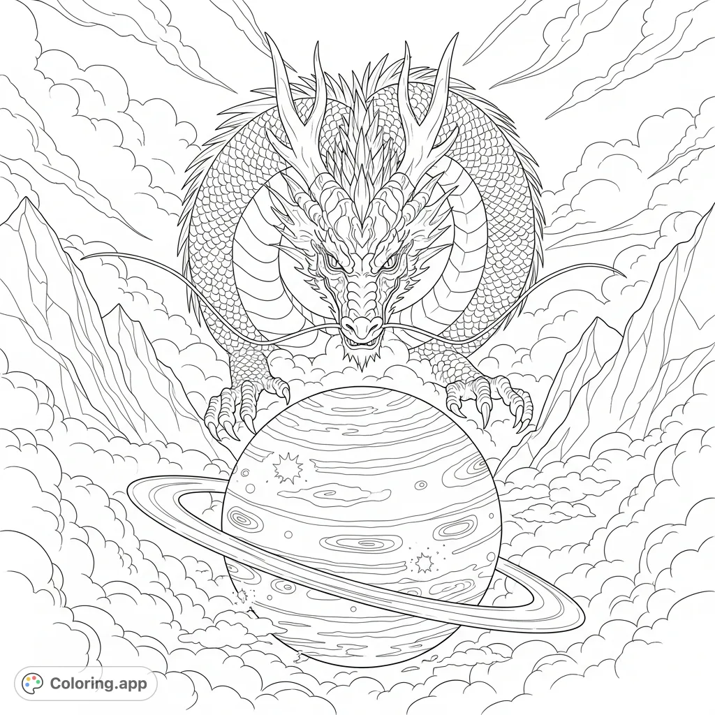 A colossal, majestic dragon with intricate scales and long horns emerges from swirling clouds above a planet with glowing rings, set against towering mountains.