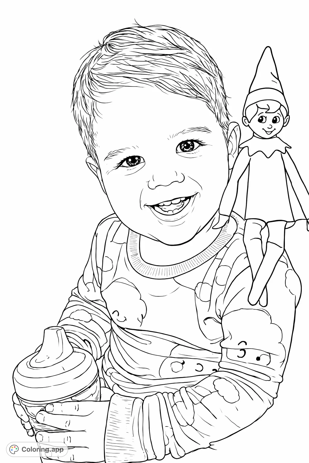 A delightful coloring page featuring a smiling toddler in festive pajamas alongside a friendly elf, holding a sippy cup. Perfect for holiday cheer!