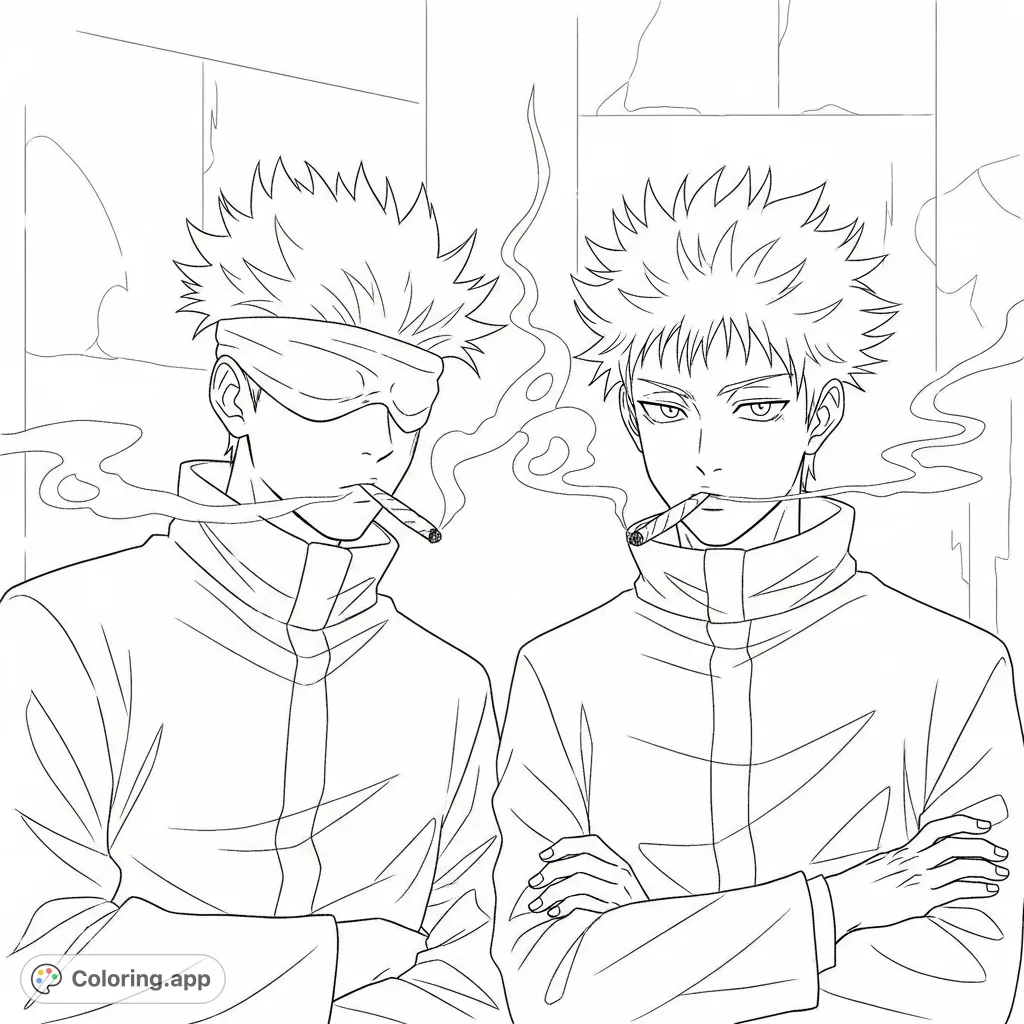 A dynamic Jujutsu Kaisen coloring page featuring Gojo Satoru and Suguru Geto sharing a joint, with detailed character designs and a focused composition.