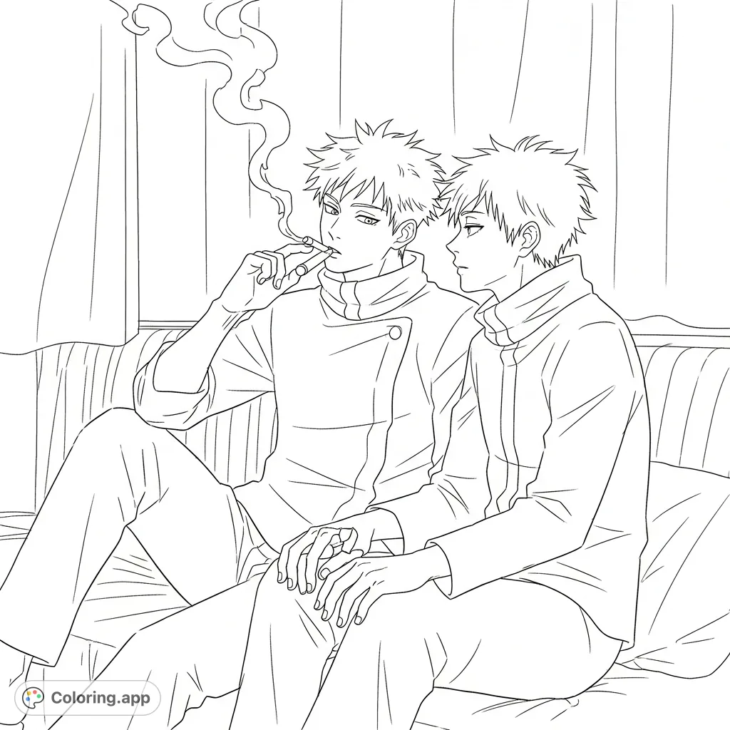 A captivating Jujutsu Kaisen coloring page featuring Gojo Satoru and Geto Suguru in a relaxed, intimate setting, sharing a moment.