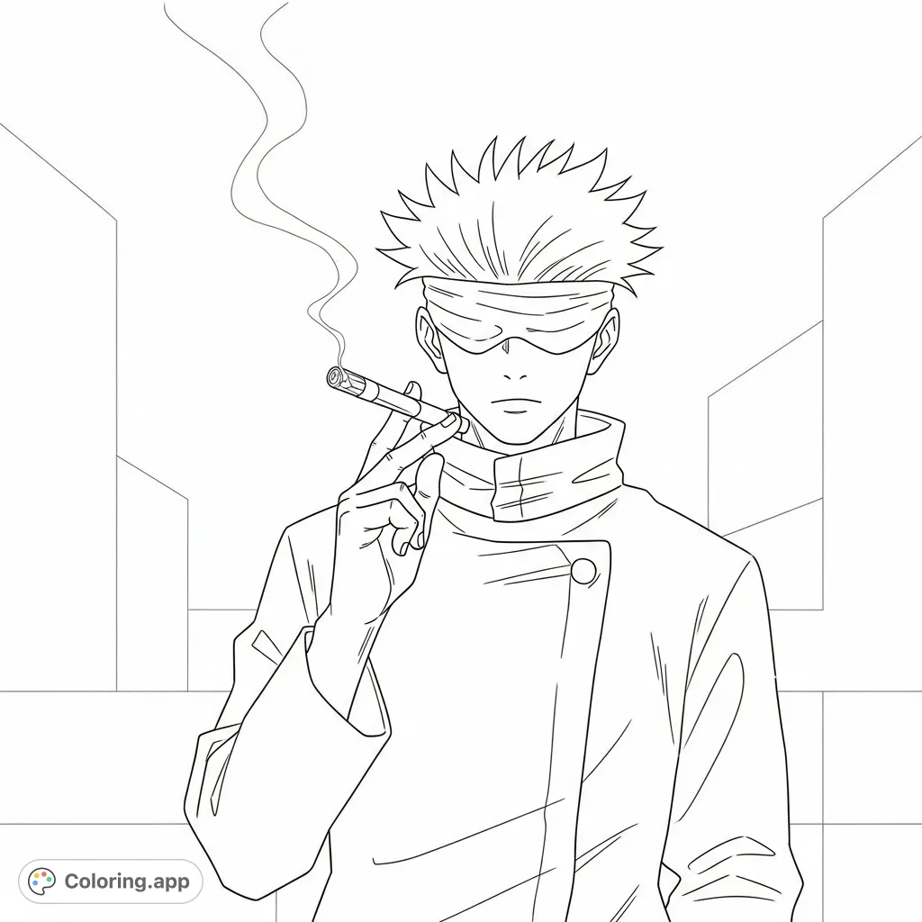 A detailed Satoru Gojo coloring page, depicting the beloved Jujutsu Kaisen character in a relaxed pose with subtle smoke effects, ideal for adult fans.