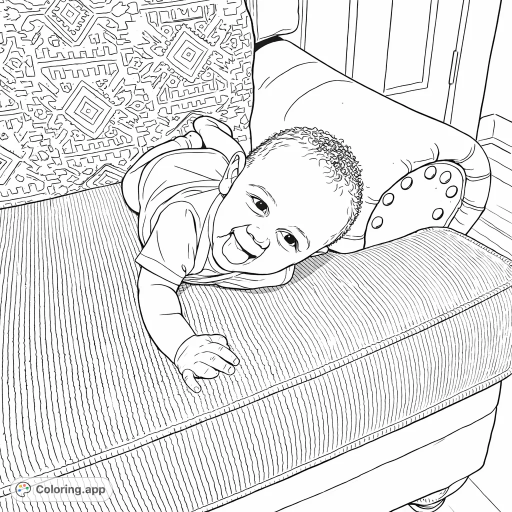 Capture a moment of pure joy with this happy baby coloring page. Featuring a smiling infant on a textured couch with a patterned pillow.