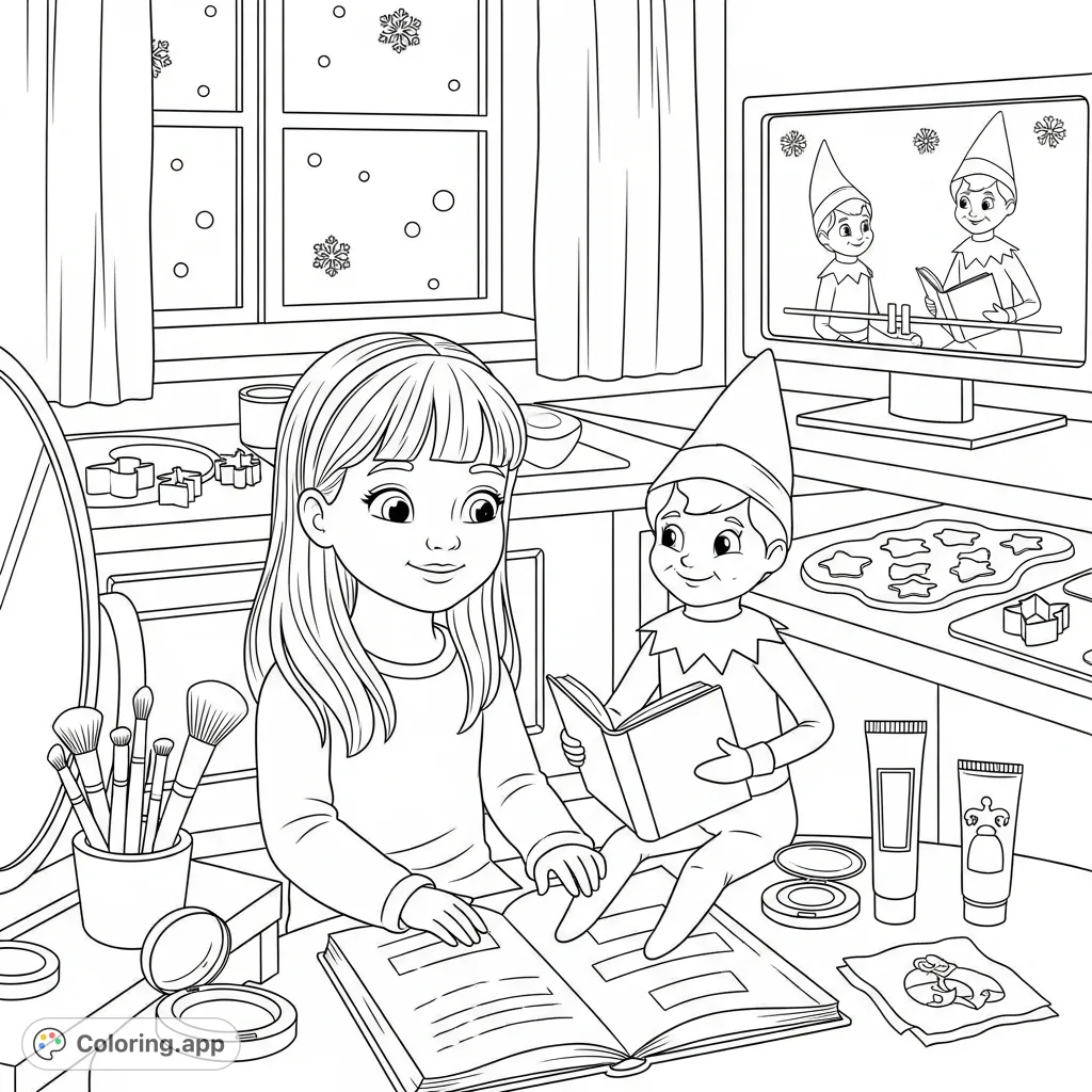 A heartwarming coloring page featuring a little girl and her Elf on the Shelf enjoying various cozy activities: reading, doing makeup, baking, and enjoying a snowy day. Perfect for kids!