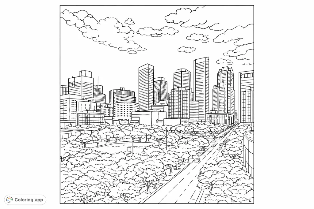 Explore a bustling cityscape with towering skyscrapers, intricate streets, and lush green spaces. A captivating urban scene for all to color.