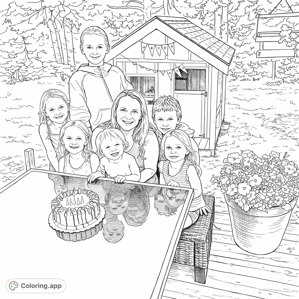 Capture a heartwarming outdoor family birthday scene. Color a smiling adult surrounded by six children, a festive cake, and a charming playhouse in the background.