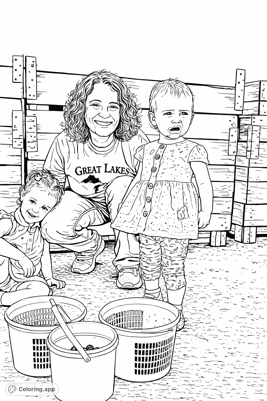 A delightful family berry picking scene featuring a smiling woman and two cheerful children, with buckets of fresh fruit, perfect for coloring!