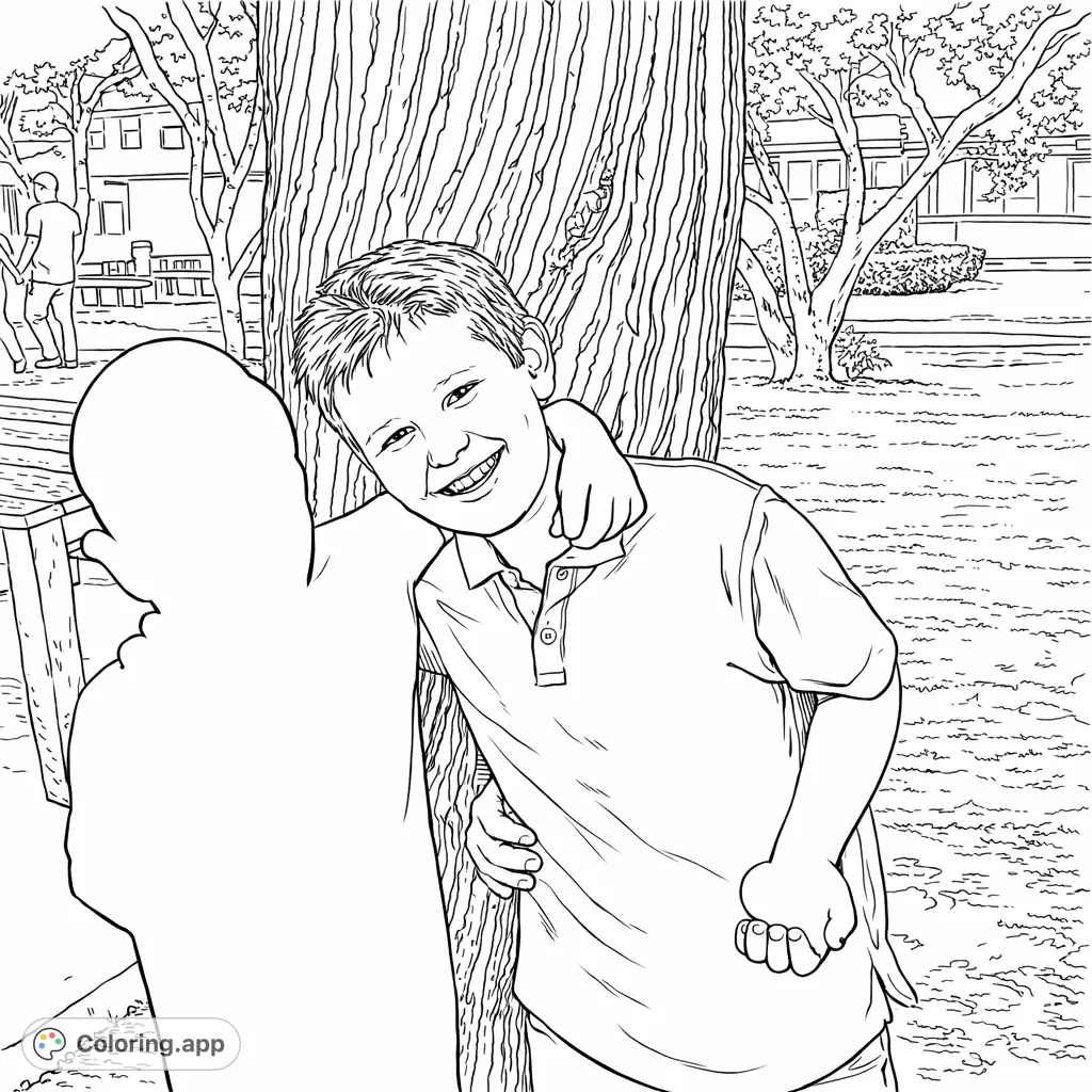 A cheerful boy leans happily against a tree, sharing a joyful moment. This free printable kids coloring page captures a simple, heartwarming scene for creative fun.