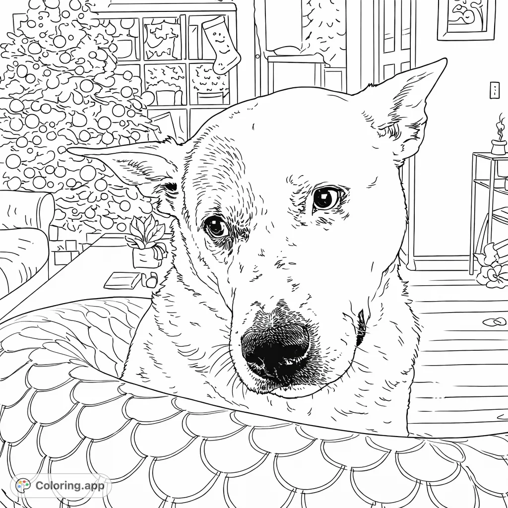 A charming dog sits attentively amidst holiday decorations, with a festive tree in the background. Perfect for pet lovers and holiday cheer.