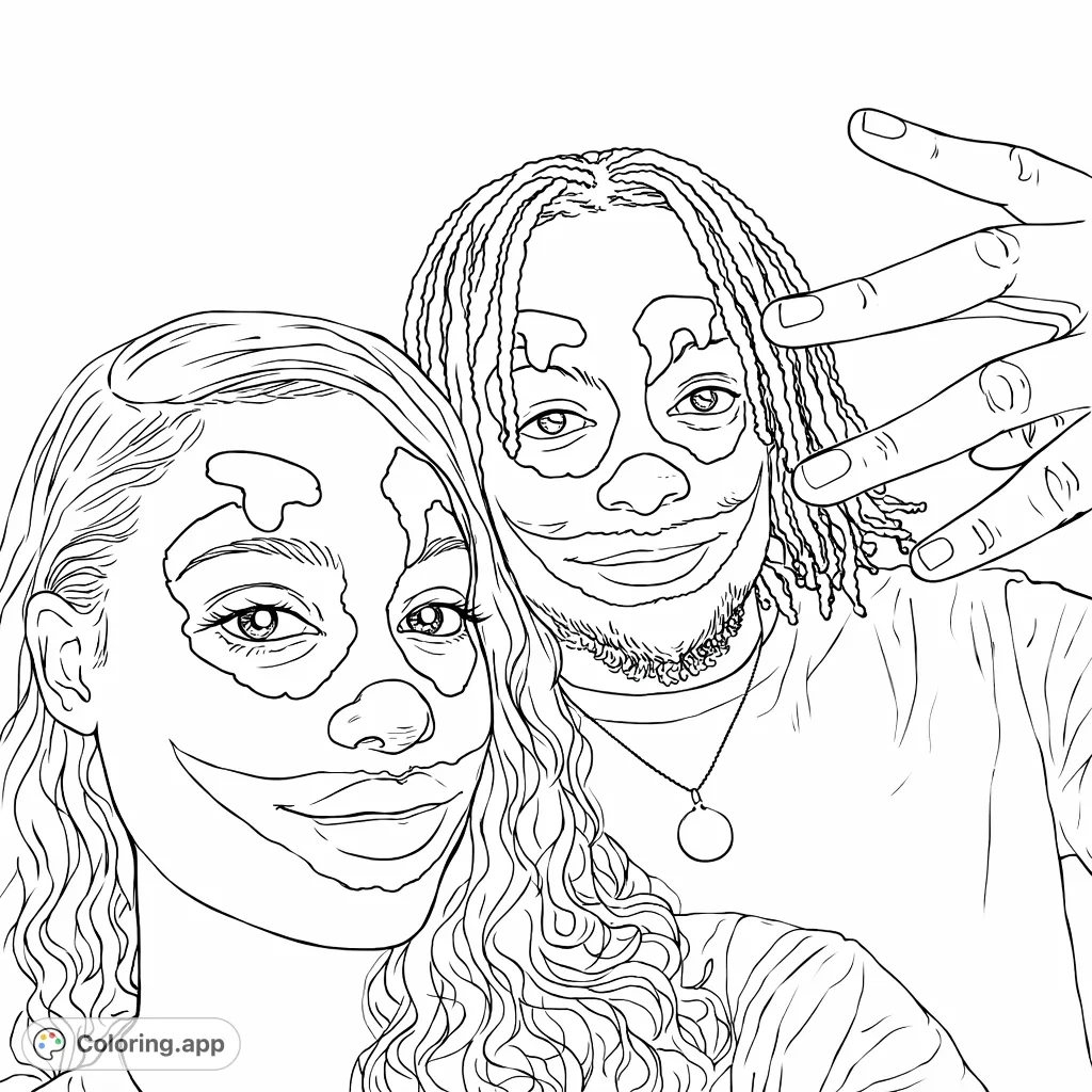 Two figures with dramatic, stylized face paint resembling theatrical clowns, featuring striking eye and mouth designs. A compelling artistic portrait.