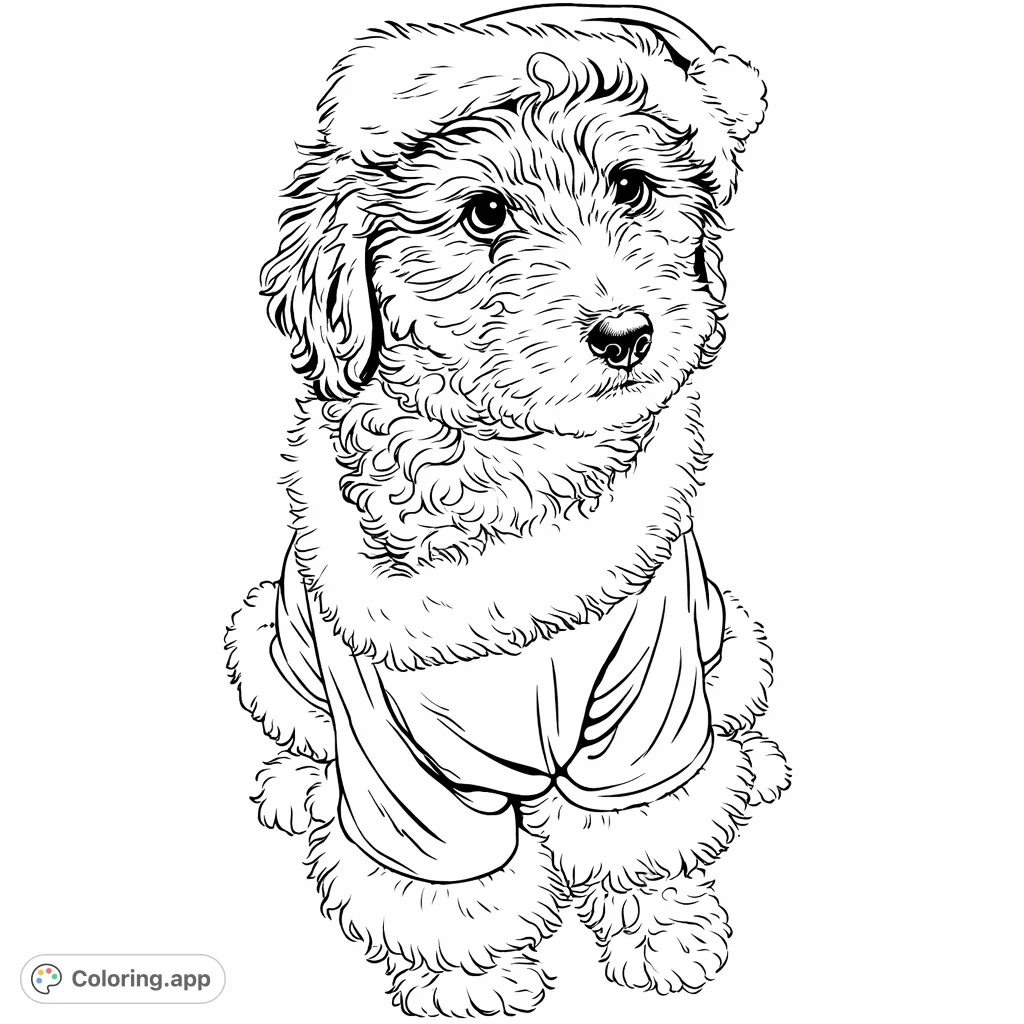 An adorable puppy wearing a fluffy Santa hat and jacket, sitting on a textured carpet, ready for festive coloring fun. This holiday puppy coloring page is a free printable.