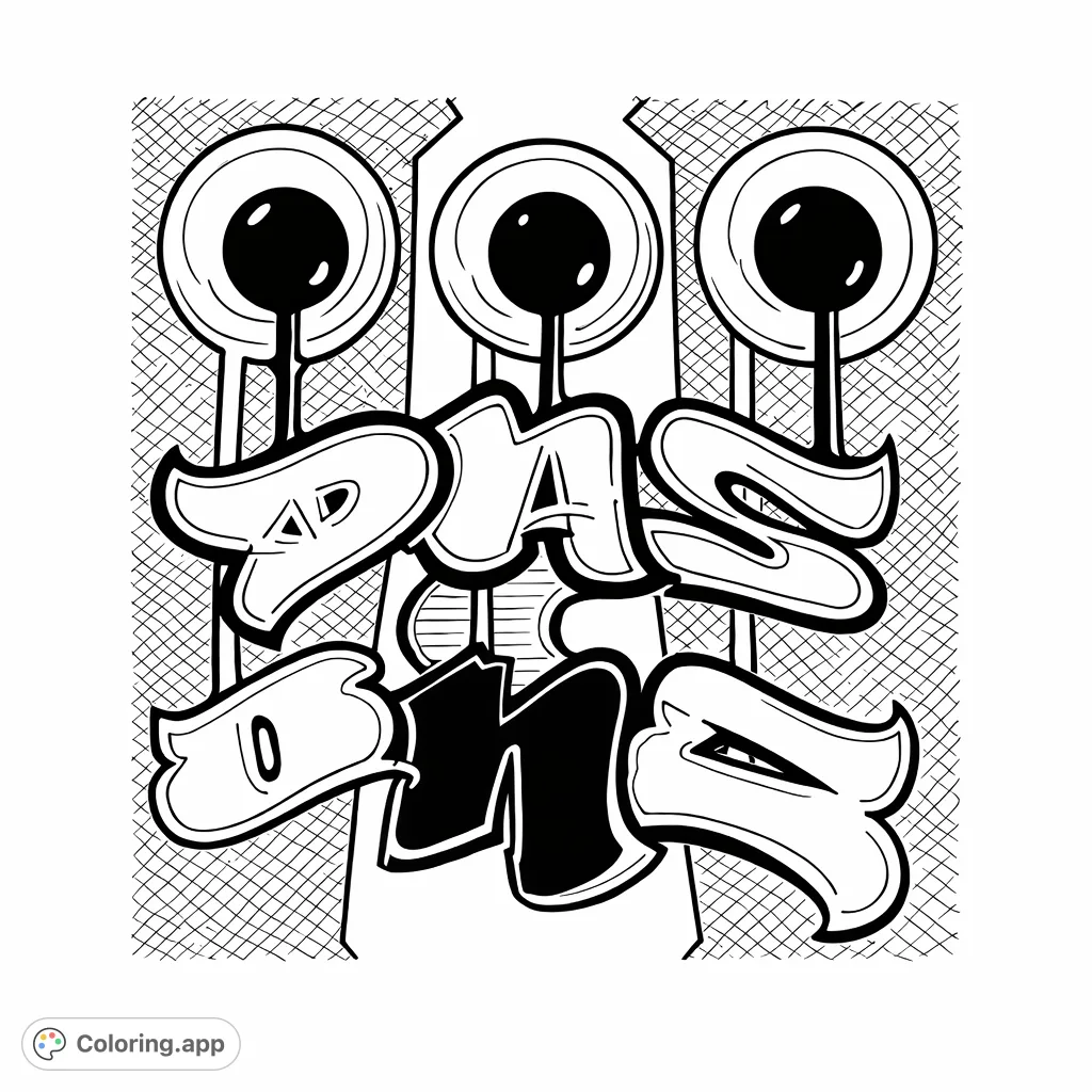 Unleash your creativity with this stylized graffiti DAMS letters coloring page, featuring bold outlines and a cartoony aesthetic perfect for urban art enthusiasts.