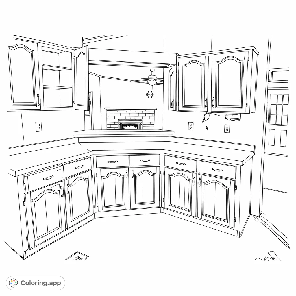 Explore this detailed kitchen interior with corner cabinets, countertops, and a pass-through to a room with a stone fireplace, perfect for coloring.