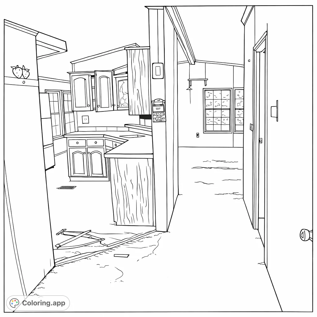 Explore a detailed interior scene featuring a kitchen with cabinets, a refrigerator, and windows, opening into a long hallway with a room beyond. Perfect for home decor themes.