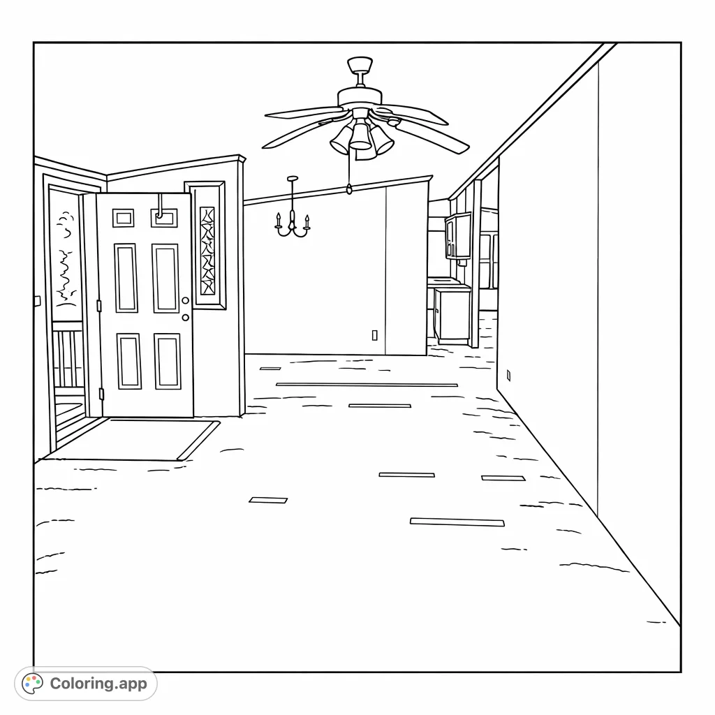 Explore an unfurnished room with an open door, a ceiling fan, and textured walls. A unique architectural interior for creative coloring and design ideas.