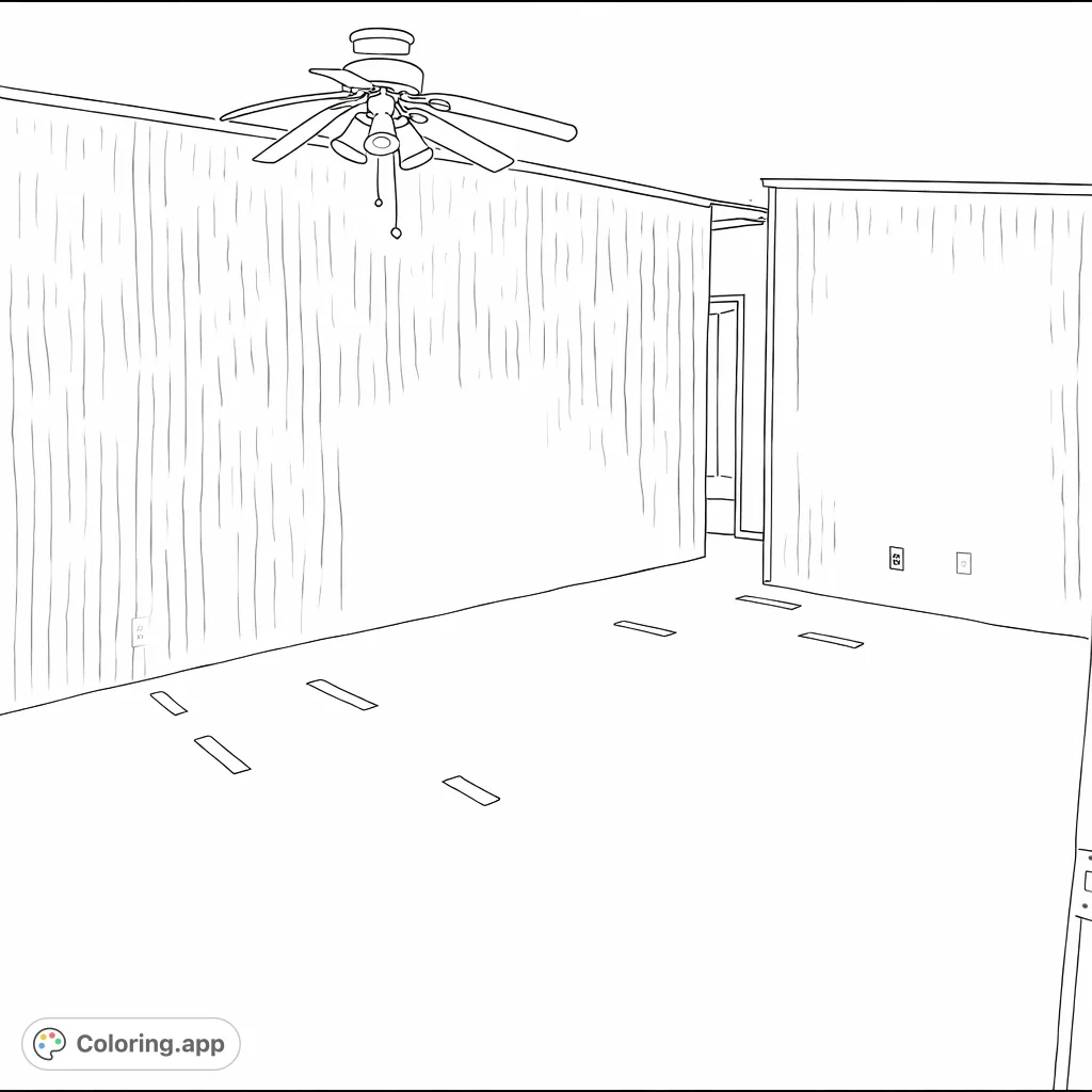 An expansive empty room featuring a ceiling fan, textured walls, and a soft floor with distinct markers. Explore perspective and interior design.