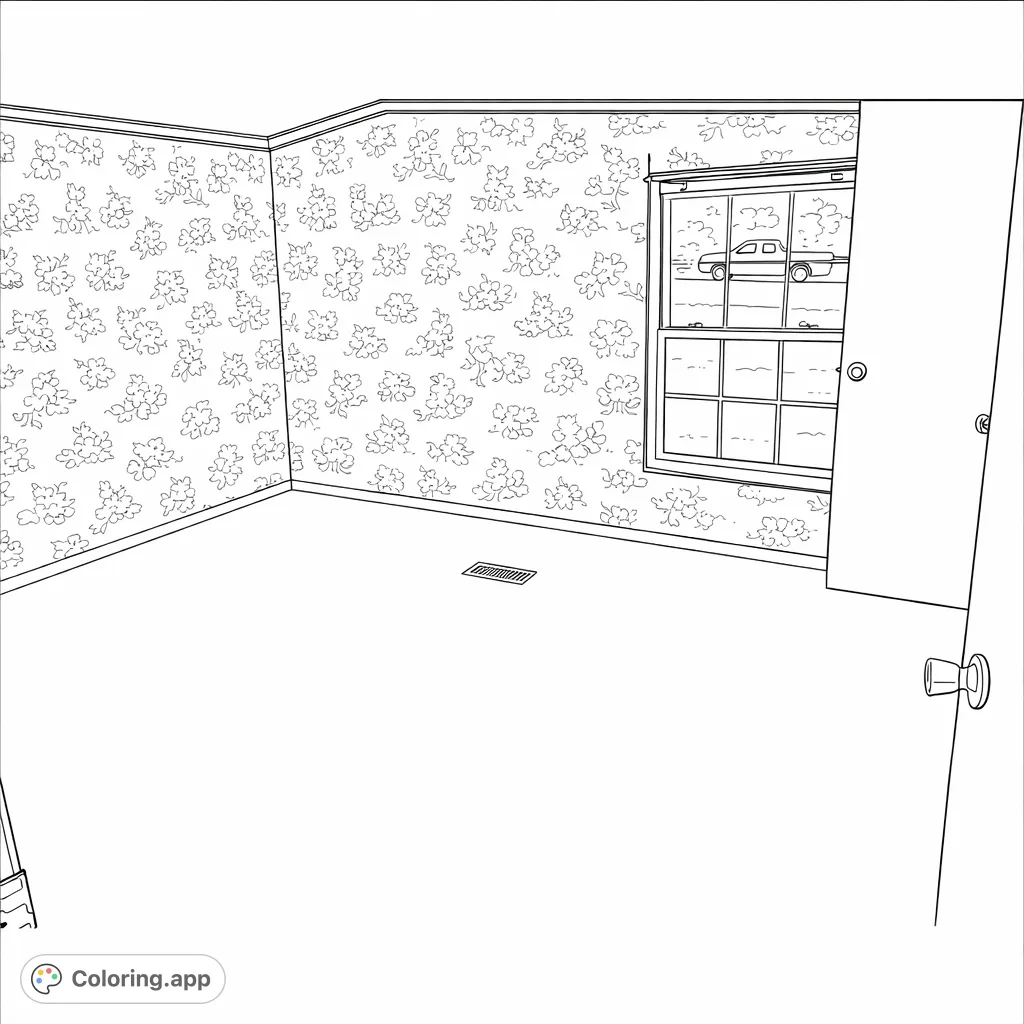 Color an empty room featuring patterned wallpaper, a window revealing an outdoor scene with a truck, a door, and textured carpet. A blank canvas for creativity.