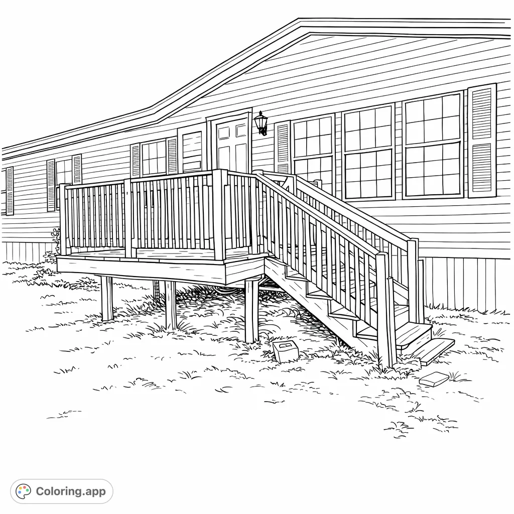 Color a charming house featuring a detailed wooden deck, inviting stairs, and louvered shutters. A perfect scene for creative architectural exploration.