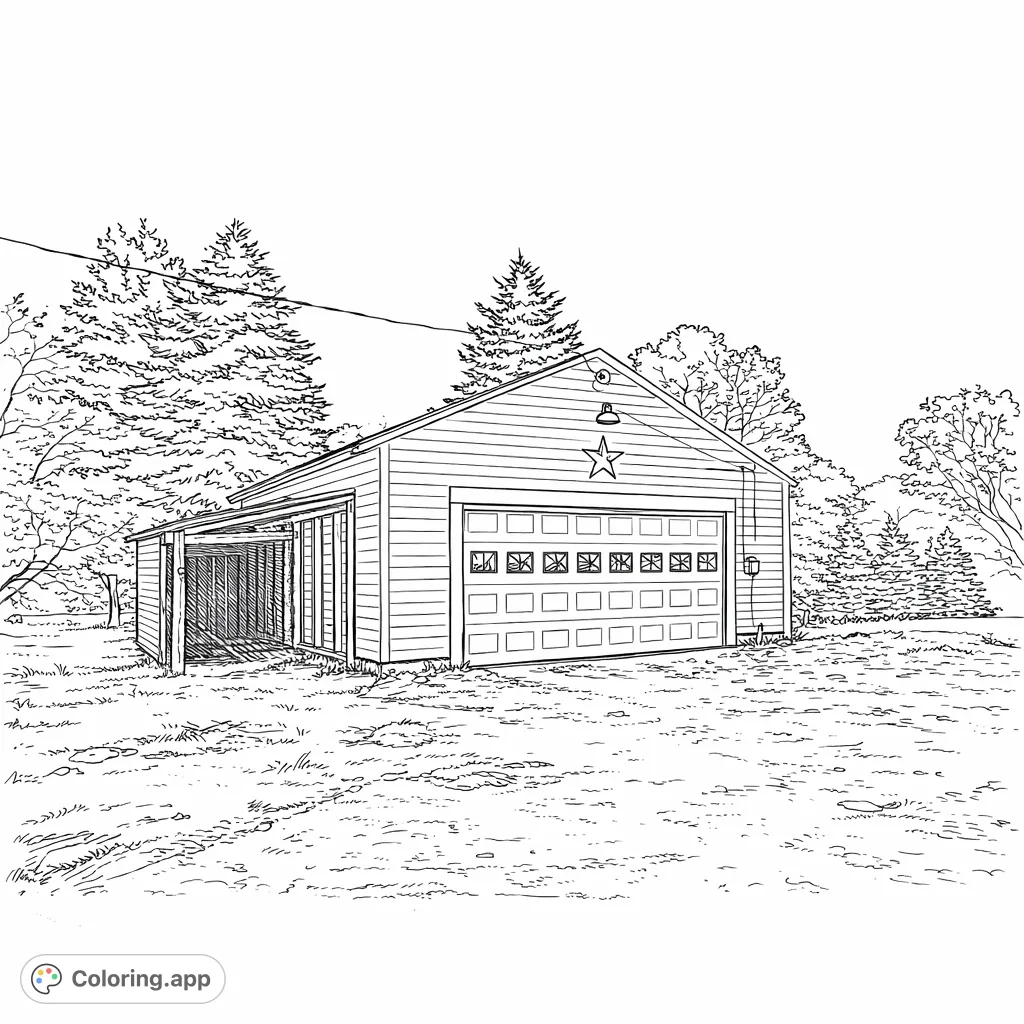 A detailed rustic garage coloring page, perfect for exploring textures of siding, foliage, and gravel in a charming country scene.
