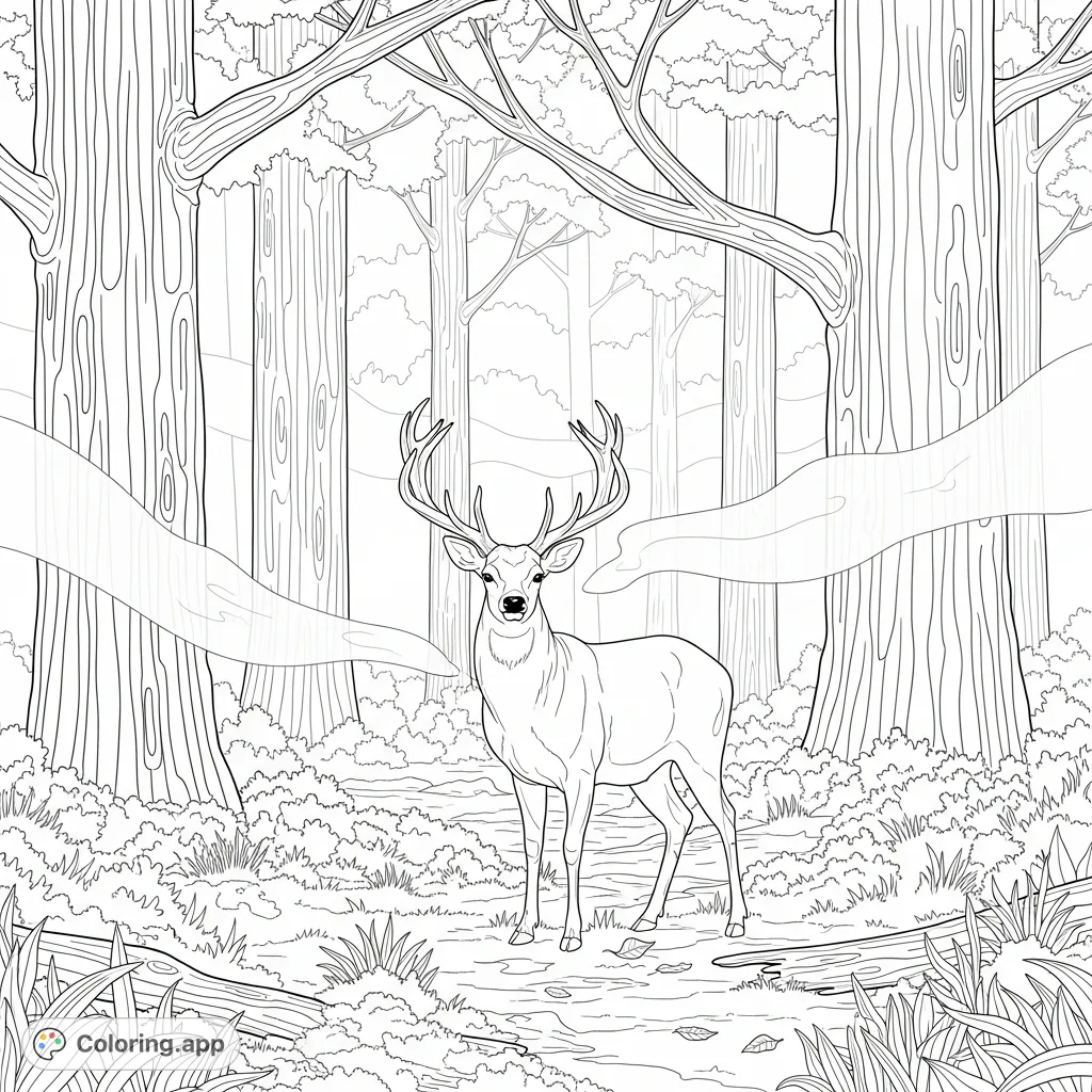 A majestic deer stands alert in a dense, fog-shrouded forest at dawn. This hunting coloring page captures a serene yet watchful moment in nature.
