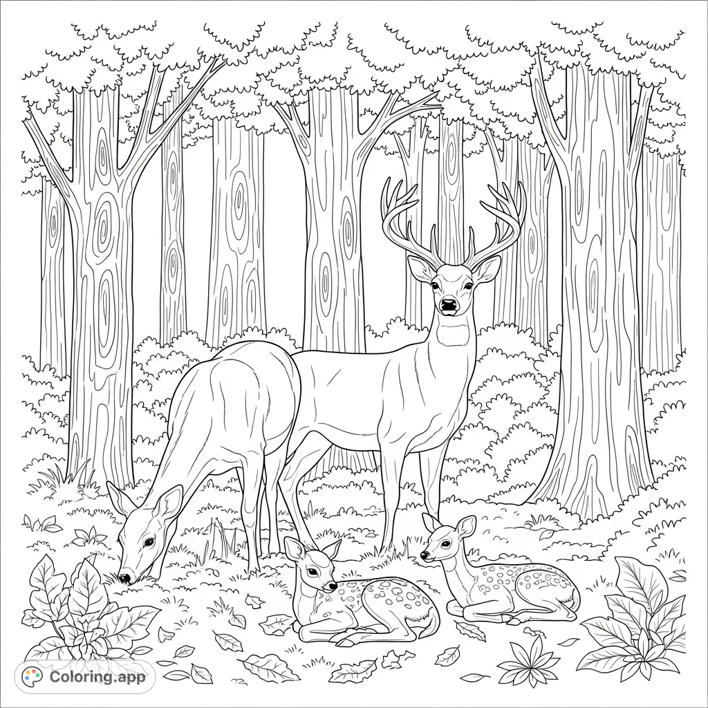 Explore a peaceful forest scene with a majestic deer family. A buck, doe, and fawns stand among towering trees and textured foliage, inviting serene coloring.