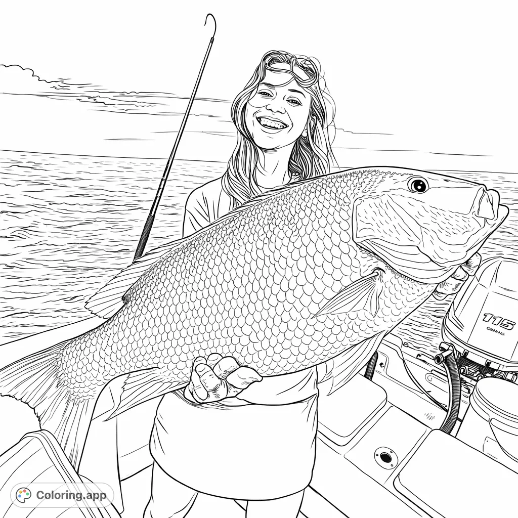 A proud angler joyfully showcases her impressive, large fish catch on a boat, set against a dynamic ocean and sky backdrop, perfect for detailed coloring.