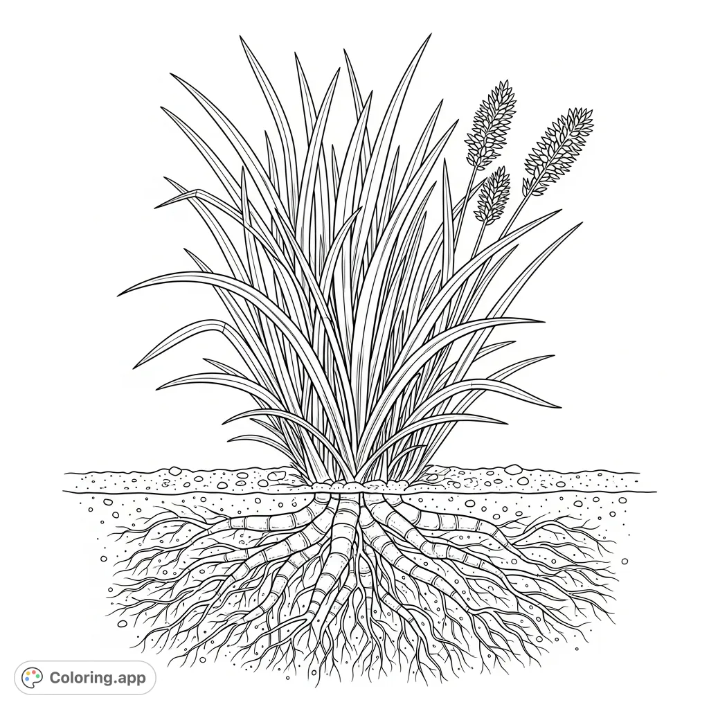 Explore a detailed quackgrass coloring page, accurately depicting its blades, intricate rhizomes, and distinctive seed heads. Perfect for nature enthusiasts.