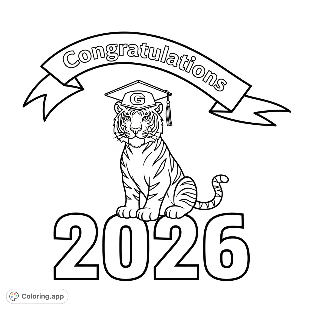 Celebrate the Gilbert High Class of 2026! A proud tiger mascot in a graduation cap with 'G' sits on '2026', with a 'Congratulations' banner above.