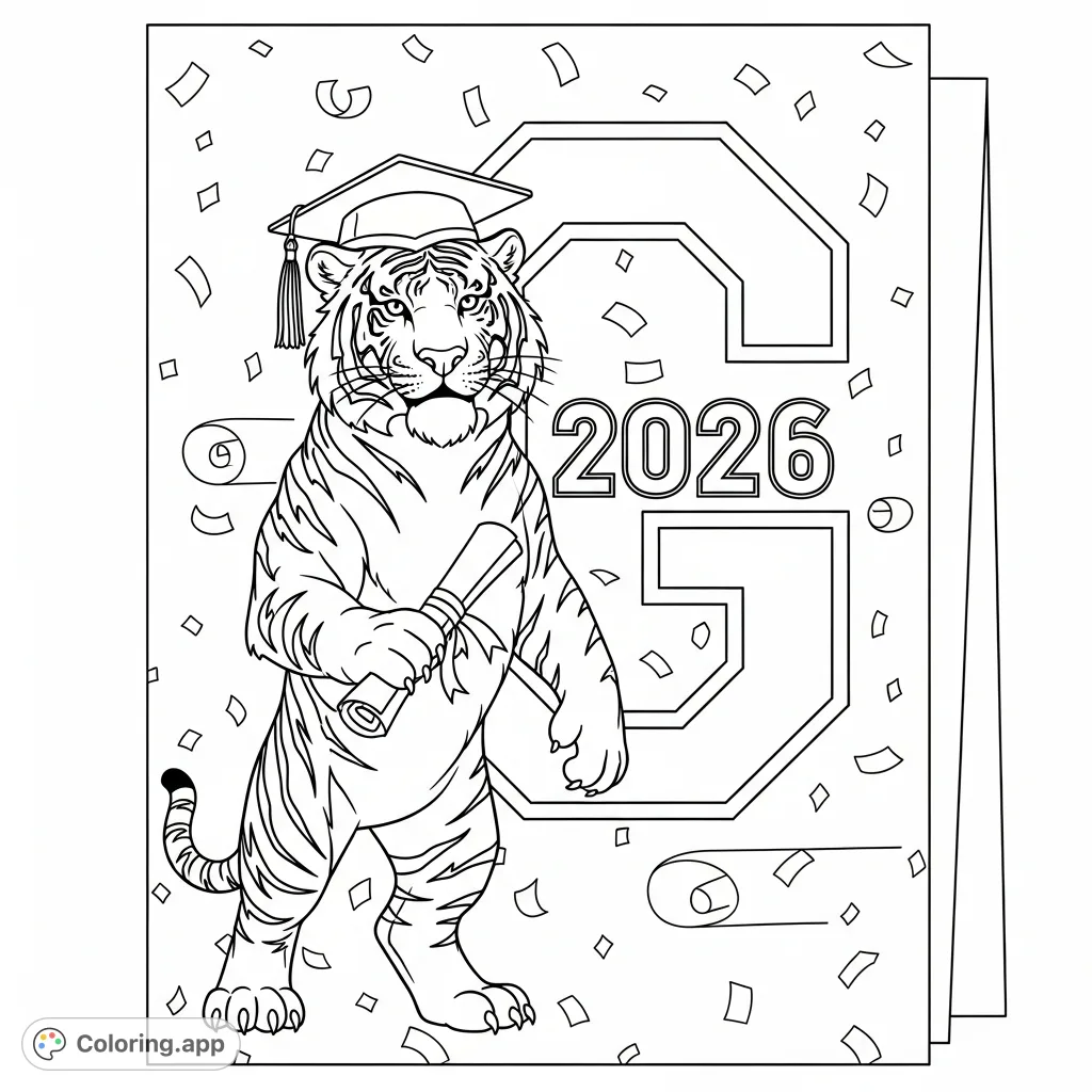 Celebrate a Gilbert High School 2026 graduate with this festive coloring page featuring a proud tiger mascot, the iconic 'G', and graduation year.