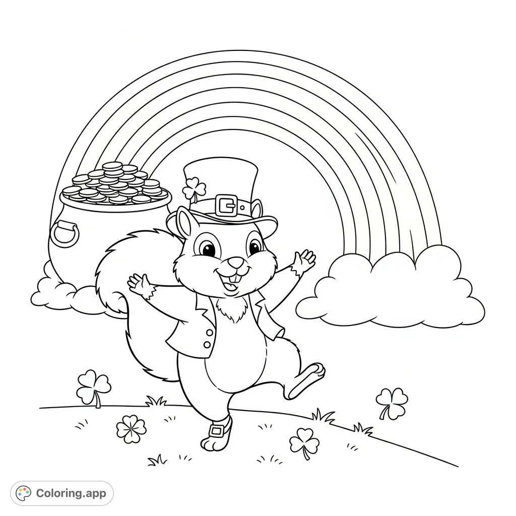 A charming, plump squirrel in a leprechaun hat performs a lively jig before a vibrant rainbow and a pot of gold, offering a joyful coloring adventure.