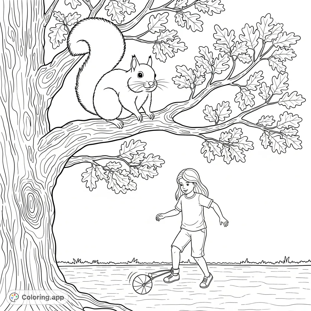 Discover a charming scene featuring a plump squirrel in an oak tree watching a girl play with an ankle skip ball on a driveway. Perfect for nature lovers!