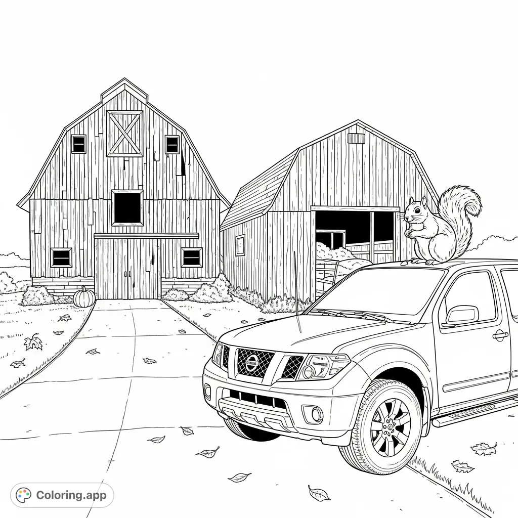 Explore a tranquil rural Ames, Iowa scene featuring a plump squirrel atop a Nissan truck, with an old barn and machine shed in the background.