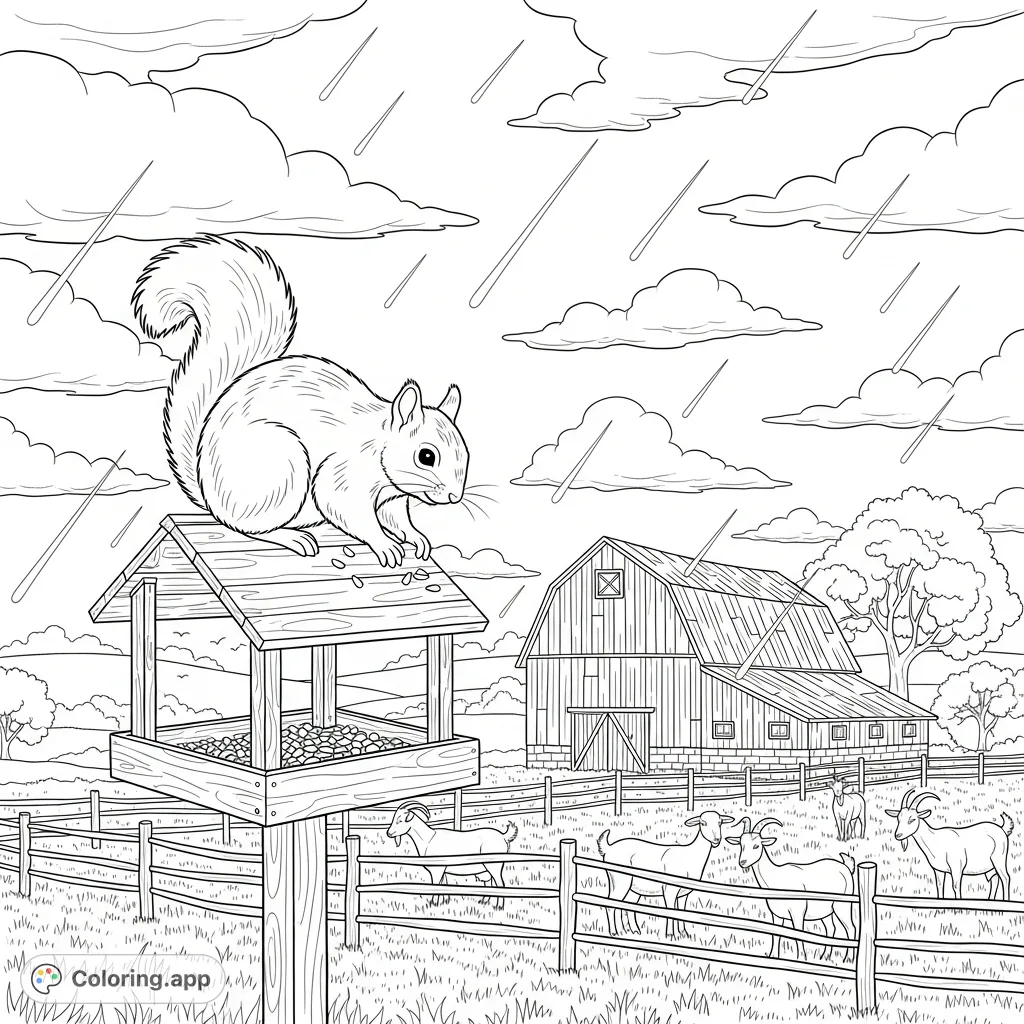 A charming backyard scene on a drizzly day, featuring a plump squirrel on a birdfeeder, a vintage barn, and goats. A delightful rural coloring page.