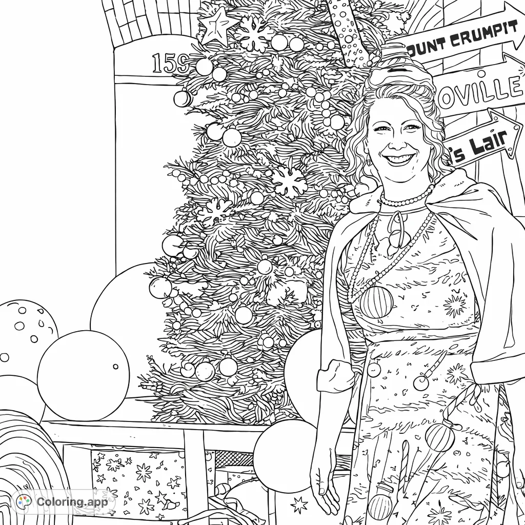 Join a festive parade scene featuring a joyful character in a unique tree-patterned dress, surrounded by a decorated tree, whimsical signs, and holiday presents.