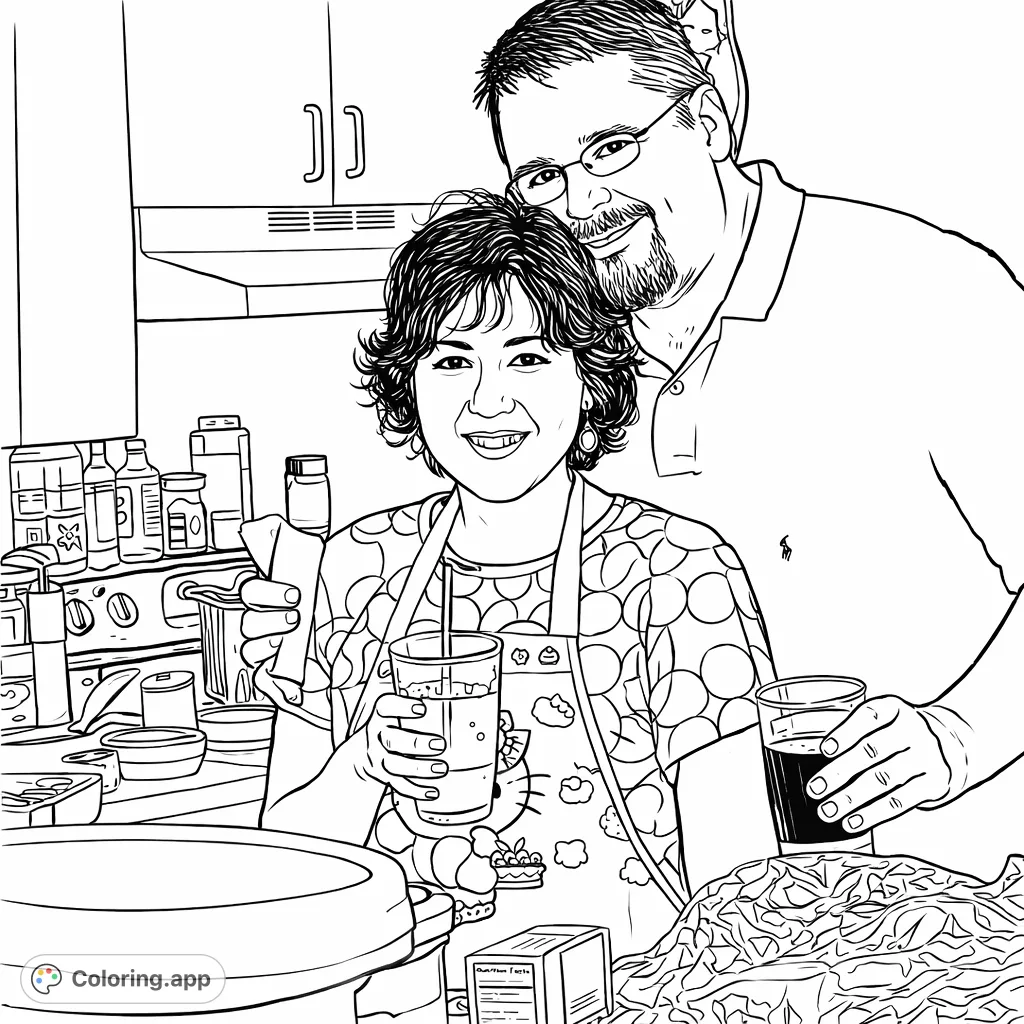 Color a delightful kitchen scene featuring a smiling couple. Customize patterns on clothing, kitchen details, and warm expressions for a personal touch.