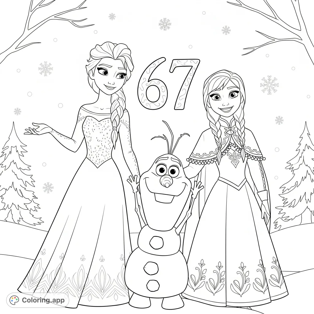Join Elsa, Anna, and Olaf in a heartwarming snowy scene, featuring the number 67. A magical Frozen coloring page for endless creative fun and learning.