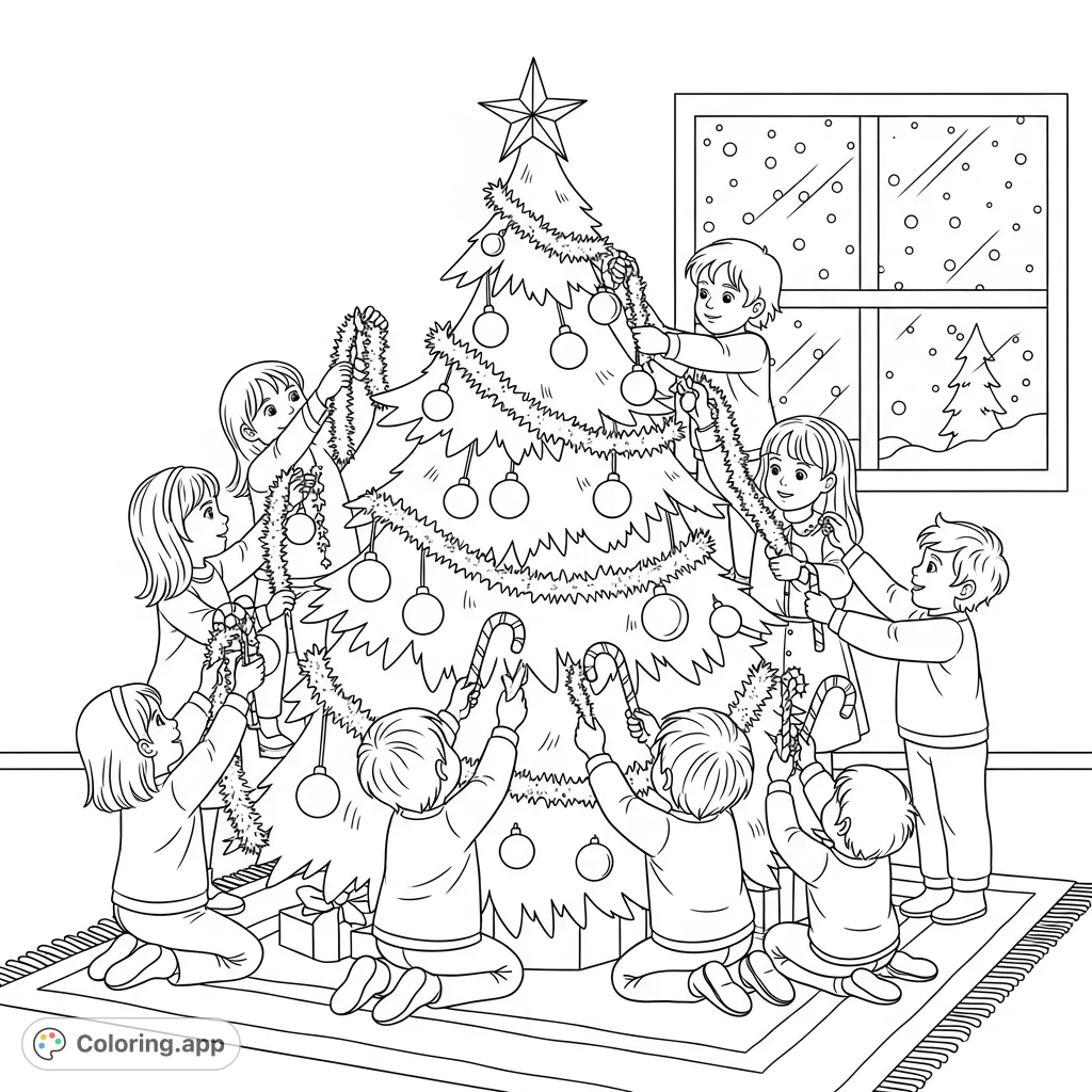 Experience the magic of the holidays with kids adorning a festive Christmas tree. Bulbs, tinsel, and candy canes bring cheer in this delightful coloring page.