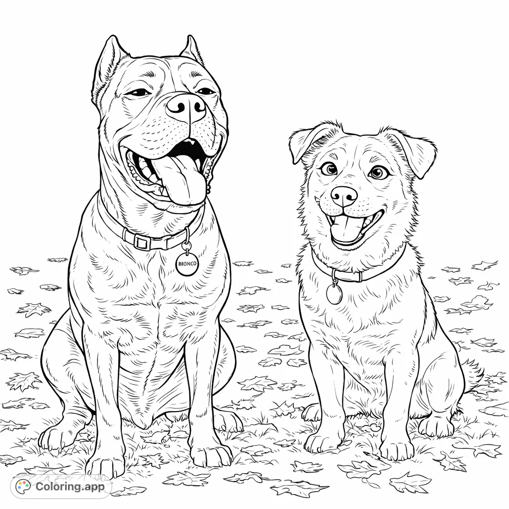 Capture the heartwarming bond of two playful dogs sitting happily amidst scattered autumn leaves. A delightful dog friends coloring page for all ages.