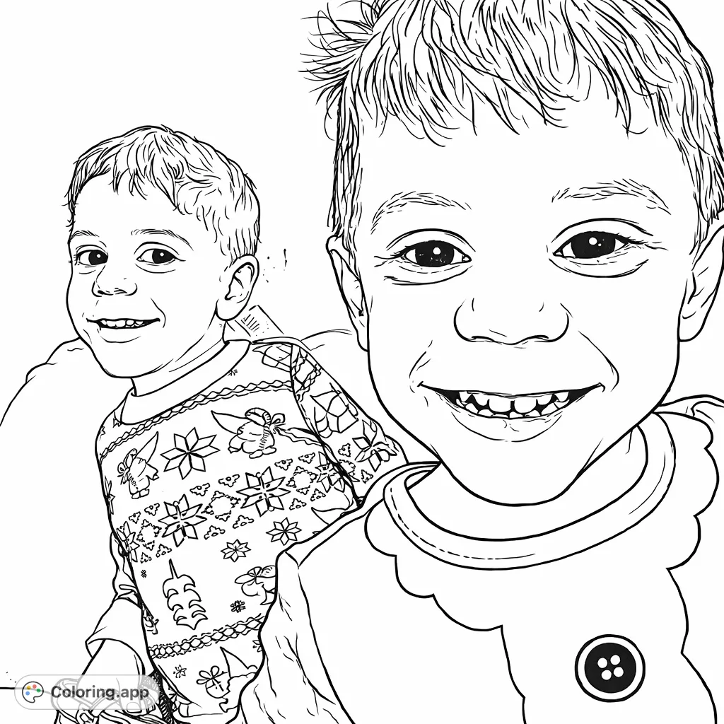 Capture the joy of two smiling children in festive attire, one in a gnome-patterned shirt and the other with a cheerful button design, perfect for holiday coloring.
