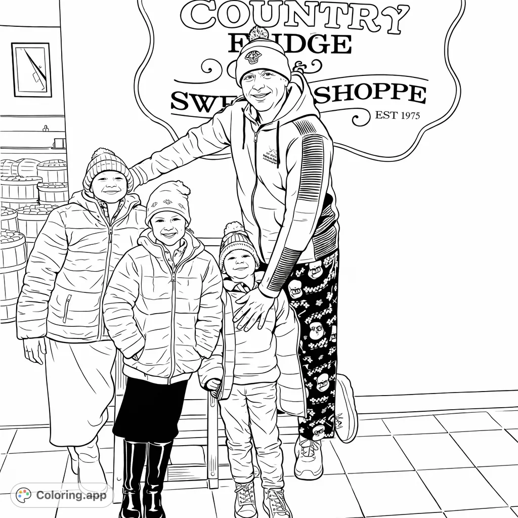 Capture a heartwarming family moment at a charming sweet shop. Four figures pose happily against a decorative sign, surrounded by delightful details.