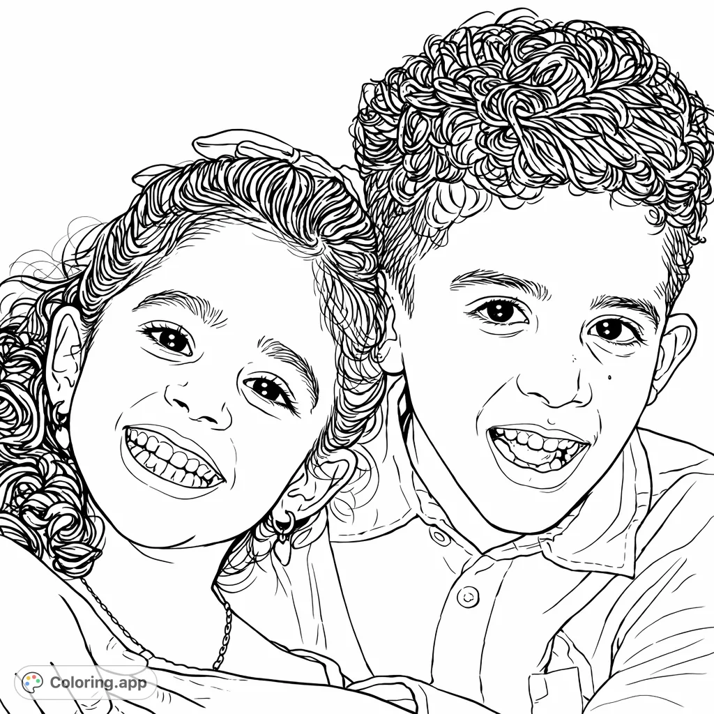 A delightful coloring page featuring two joyful children, a girl and a boy, with bright smiles. Perfect for capturing heartwarming moments.