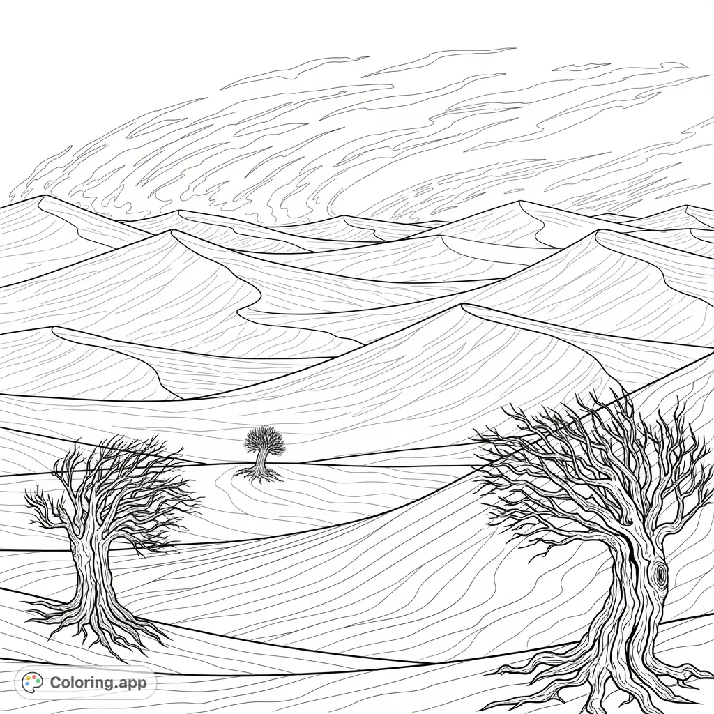 Experience the raw power of a desert sandstorm coloring page, featuring colossal dunes, intricate swirling sand patterns, and resilient gnarled trees.