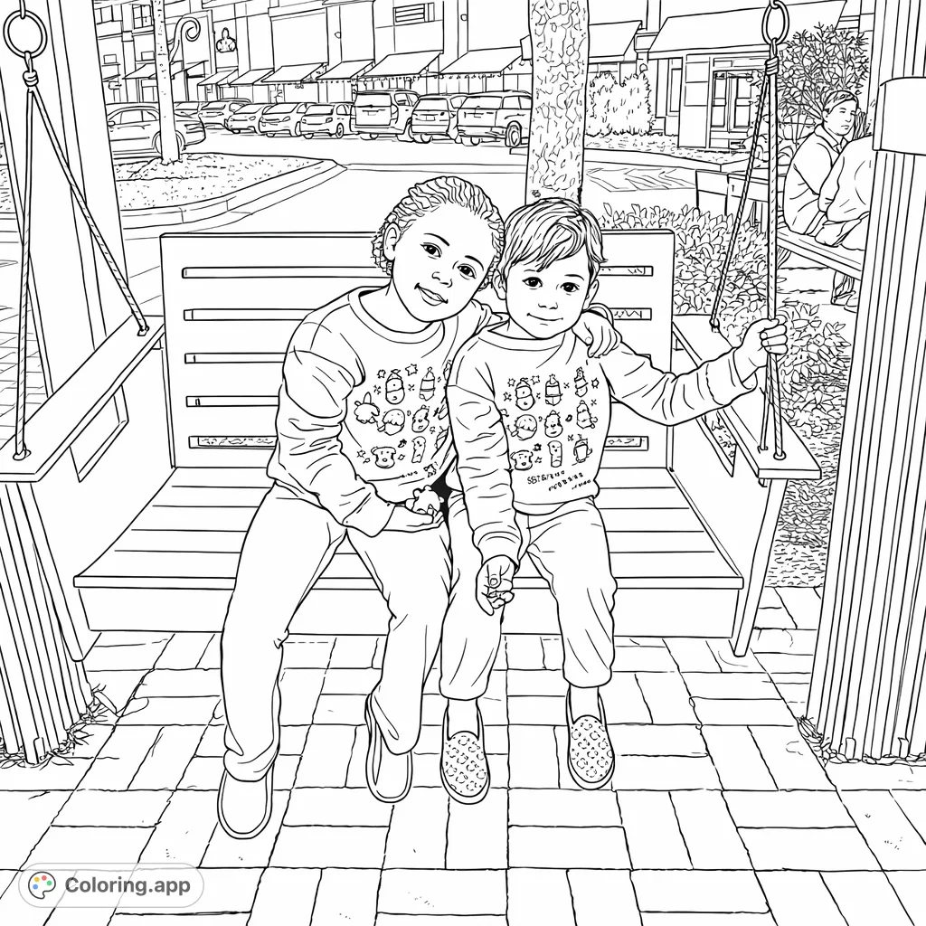 Two cheerful children on a swing bench in a lively street setting. A delightful scene for kids to color and enjoy.